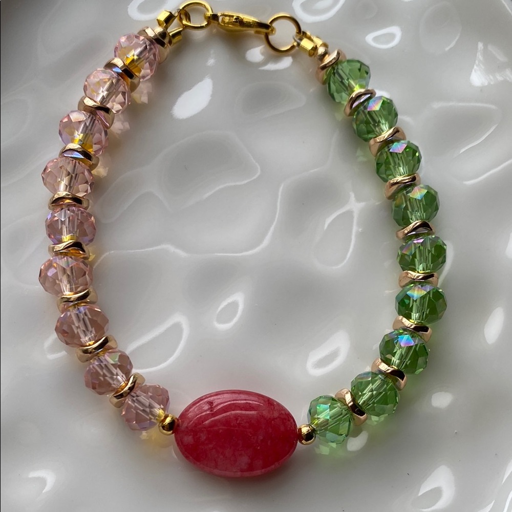 Handmade Pink and Green Glass Bracelet with Beautiful Tourmaline Center Piece